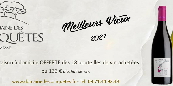 Domaine des Conquêtes à Aniane offre la livraison à domicile dès 18 bouteilles de vin achetées. Domaine des Conquêtes à Aniane offre la livraison à domicile dès 18 bouteilles de vin achetées.