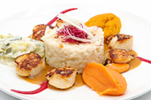 Restaurant L'O3 à Castries : assiette de noix de Saint-Jacques poêlées, riz, légumes et sauce, illustrant la cuisine du restaurant.
