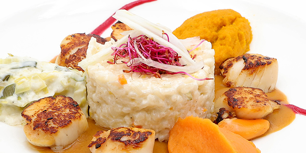 Restaurant L'O3 à Castries : assiette de noix de Saint-Jacques poêlées, riz, légumes et sauce, illustrant la cuisine du restaurant.