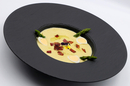 La Maison Gely Clapiers • plats fait maison. Ici une crème d'asperges, truffe, lard et oeuf de caille ( ® SAAM-fabrice CHORT)